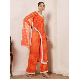 Ensemble coordonné en mousseline de soie imprimé feuilles <span class=keywords><strong>orange</strong></span> pour femme, <span class=keywords><strong>tunique</strong></span> asymétrique à une épaule avec pantalon palazzo, style indo-occidental - Product Image 5