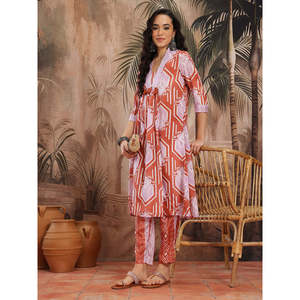 Kurta de Chiffon Color Malva con Estampado Abstracto para Mujer, con Palazzos, Mangas Tres Cuartos, Estilo Casual para Primavera/Verano - Product Image 1