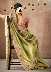 Sari de organza verde pastel con hilo floral con tejido y trabajo de diseño de pallu pesado con las mismas piezas de blusa de borde - Product Image 2