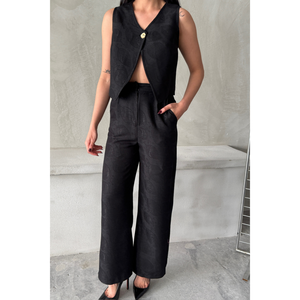 Conjunto de Chaleco y Pantalones de Lino para Mujer, con un Botón, en Color Negro - Product Image 4