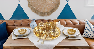 Indian Traditional Embossed <b>Dinner</b> Set Handcrafted Brass Thali Plate Bowls with Glass Spoon Beautiful Tableware Gift for <b>Dinner</b> - Product Image 2