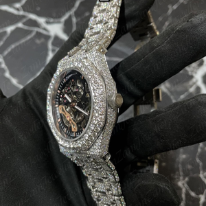 Totalmente Iced Silver Lab Creado Moissanite Skeleton Cristal de cuarzo Cristal Correa de acero inoxidable Hombres Hip Hop Reloj resistente al agua - Product Image 3