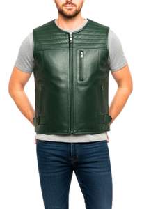 Men <b>Dark</b> <b>Green</b> Genuine Leather Biker Vest Sleeveless Stand Collar Zip Front <b>Waistcoat</b> with Utility Pockets - Product Image 4