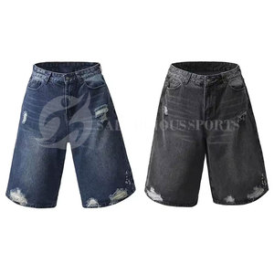 Shorts en jean décontractés pour hommes avec logo personnalisable, respirants, lavage clair, streetwear d'été, hip-hop, taille mi-haute, tricotés - Product Image 1