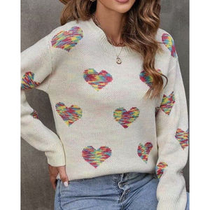 Suéter de Punto Acrílico 100% Transpirable con Corazón Multicolor para Mujer, Estilo Casual Coreano con Botón con Logotipo Frontal - Product Image 1
