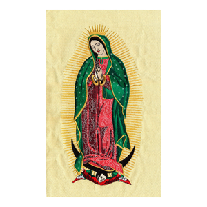 Virgen de Guadalupe Bordada en Yute con Hilo Metálico Detalles 48X32 cm Más de 140 Mil Puntadas - Product Image 1