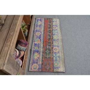 Alfombra Turca Rústica Vintage Roja y Azul de 18x4 pies, Alfombra Grande de Lana Ecológica de 9x12 Rectangular, Alfombra de Retazos para Entrada y Pasillo, Látex - Product Image 1