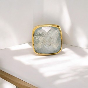 Bague en argent sterling 925 faite à la main belle pierre aigue-marine avec sertissage de lunette plaqué or bijoux de déclaration - Product Image 6