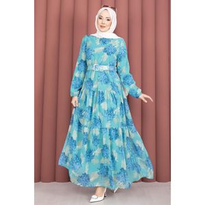 Vestido de Chifón con Cinturón y Estampado Floral Turquesa, Diseño ODM Personalizado, Vestidos Translúcidos de Moda para Ocasiones Diurnas, Naturales - Product Image 3