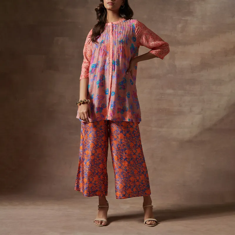 OEM Casual Ethnic Two Piece Suit Womens Three Quarter Sleeve Bamberg Cotton Iris Floral Abstract Print Tunic Tops And Pants Set