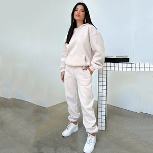 ชุด2ชิ้นสำหรับผู้หญิงฤดูใบไม้ร่วงฤดูหนาวเสื้อสั้นมีฮู้ดและยาวเหนือเข่าชุดวิ่งลำลองกางเกงปล่อยไหล่ - Product Image 3