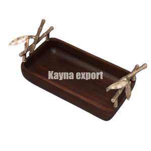 Bandeja rectangular de madera para servir con asa dorada única, decoración de bandeja de mesa para uso doméstico Floral para bodas y Navidad - Product Image 4