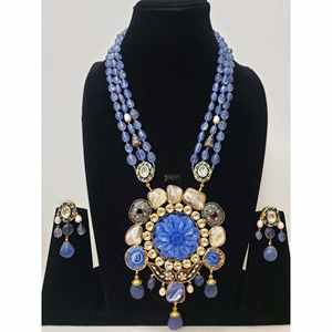 Conjunto de joyería fina Vintagelook, Pendientes colgantes de declaración de fusión de piedra con cuentas azules florales, chapado en rodio de cobre para regalo de boda - Product Image 2