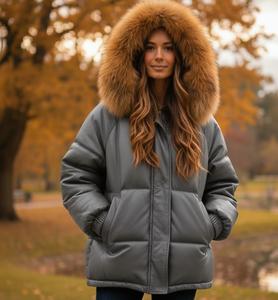 Veste en cuir à bulles grise, veste en cuir matelassée d'hiver avec motif à carreaux, coupe-vent, fermeture éclair fine, streetwear - Product Image 1