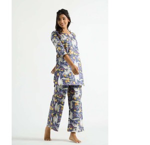 Conjunto de ropa de descanso de algodón puro con estampado orgánico de pájaros, traje de noche para mujer, traje de noche de precio de venta completo para niñas - Product Image 1