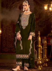 ชุดงานแต่งผ้ากำมะหยี่ปักลวดลายชุดปาร์ตี้ดีไซน์เนอร์เสื้อผ้าสไตล์อินเดียนแดงดีไซน์เนอร์แบบพิเศษ - Product Image 5