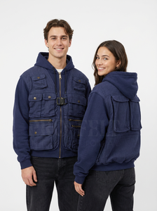 Sweat-shirts en coton épais de style français avec fermeture éclair sur le devant, logo personnalisé, design multi-poches, tendance et élégant - Product Image 3