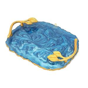 Plateau de service en résine à motif de feuilles de luxe Vintage exclusif fait à la main poignée Durable pour assiettes à Dessert décoratives - Product Image 4