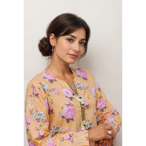 ชุด2ชิ้นลายดอกไม้สีเบจประดับด้วยคอเสื้อกางเกงพิมพ์ลายคู่ - Product Image 1