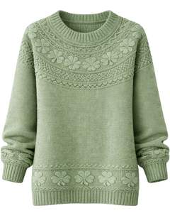 Customized Sage Green Jacquard Knit Sweater Floral Textured Crew Neck <b>Long</b> Sleeve Winter Pullover <b>For</b> <b>Women</b> Custom Wholesale - Product Image 1