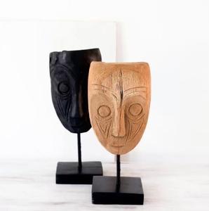 Rustic wooden tribal face sculpture on <b>stand</b> ethnic mask decor handcarved <b>art</b> statue for boho interiors natural wood home accent - Product Image 4