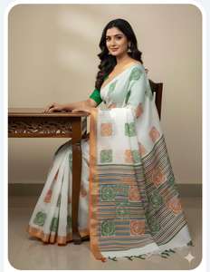 ผ้าไหมวานเด มาการาม ฮีเทอเรจ ซิลค์ สวадेश ซารี ผ้าไหมแท้ ทอแบบไตร-คัลเลอร์ ทิรันกา สีเหลืองอำพัน มรกต ผ้าไหมราชวงศ์ สไตล์ลำลอง - Product Image 6