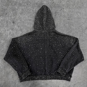 Sudadera con capucha desgastada de algodón grueso sin cuerdas personalizada con diamantes de imitación para hombre - Product Image 6