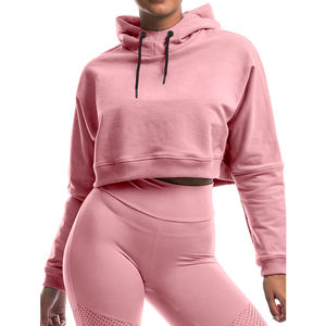 Top corto de manga larga cómodo con estampado de logotipo personalizado para mujer, sudaderas con capucha cortas para correr de algodón para gimnasio y Mujer - Product Image 6