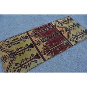 Turkish Vintage Rug 2.9x7.1 ft, <b>Red</b> Animal Print <b>Wool</b> Rug - Product Image 2