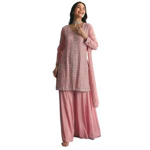 Costume rose Chinon Kurta Palazo avec Cutdana et paillettes Vente en gros de vêtements ethniques pour femmes OEM Usine de vêtements Fournisseur en vrac Mode - Product Image 1