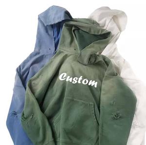 Sudadera con capucha rasgada desgastada lisa de moda Sudadera con capucha hecha a medida Algodón rasgado francés Terry Sudaderas con capucha para hombre - Product Image 2