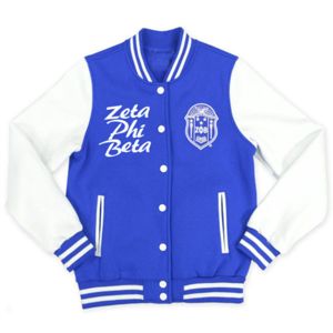 Chaqueta polar ZPB-Blanco y azul real | 60% algodón 40% poliéster | Chaqueta Zeta Phi Beta con logotipo bordado en la parte delantera y estampado - Product Image 1