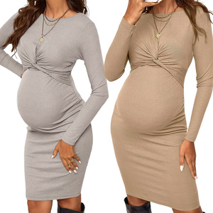 Nouvelle mode de robe pour femmes enceintes en tricot de couleur unie, col rond, manches longues, robe de maternité extensible - Product Image 1