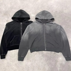 Sudaderas con capucha de gran tamaño con logotipo personalizado de peso pesado para hombres Sudaderas con capucha con cremallera de lavado ácido Sun Fed Sudadera con capucha con diamantes de imitación serigrafiados - Product Image 1