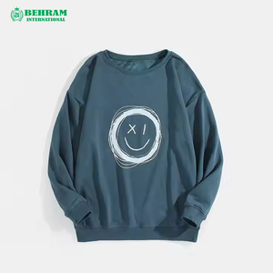 Sweat-shirt rose surdimensionné à col rond avec imprimé visage souriant blanc, pull décontracté unisexe en tricot 100% coton, vêtement d'automne - Product Image 6