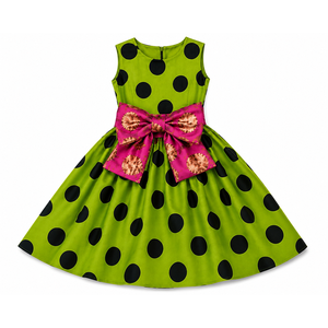 Abito in Raso Ankara Verde a Pois con Motivo Rosa e Fiocco, Vita Naturale, Traspirante - Product Image 3