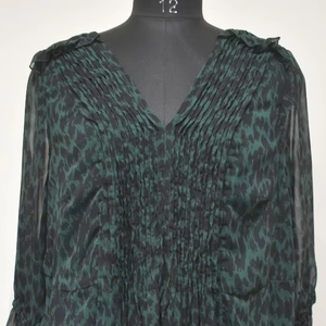 Vintage femmes émeraude élégance à la mode lâche plissé parole longueur en mousseline de soie solide plissé printemps joug imprimé léopard naturel - Product Image 1