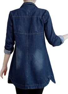 Veste en jean longue confortable d'inspiration rétro pour femmes tenues en jean vieilli pour le printemps automne hiver vêtements d'extérieur de style formel - Product Image 2