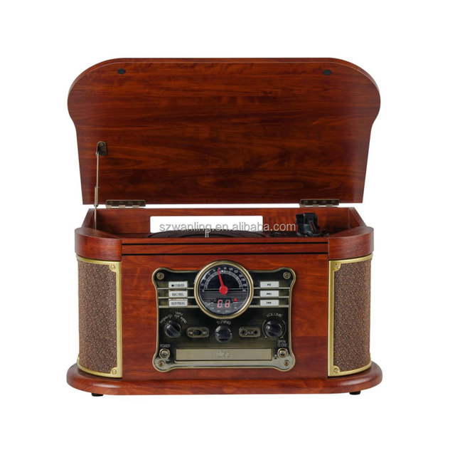 All in One Retro Wooden Record Player With Built-in Speakers Gramophone with Aux-in/USB/FM Radio Vinyl Record Player