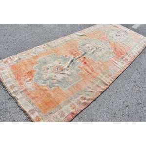 Tapis turc vintage de 4,8 pieds x 11,4 pieds, tissage plat en laine patchwork orange et bleu pour décorations de salon avec support en latex - Product Image 2