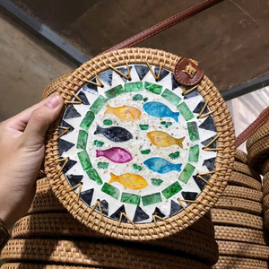 Bolso de Ratán con Incrustaciones de Madreperla, Diseño Personalizado, Mosaico de Lujo, Tejido a Mano, Cuadrado, para Bodas, Fiestas, Viajes, Regalo - Product Image 1