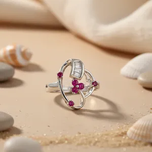 Bague en argent 925 avec rubis pour femme, design géométrique délicat avec pierre précieuse ovale, rhodium, bijoux fins, cadeau - Product Image 3