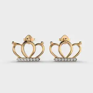 皇家皇冠钻石耳环圆形切割实验室成长钻石公主风格戒指女式14k金订婚结婚耳环