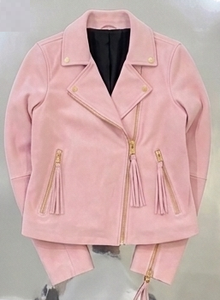 Chaqueta de Motociclista de Gamuza Rosa Bebé con Cremallera Dorada y Tirador de Borla - Product Image 4