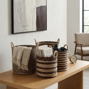 Ensemble de paniers de rangement en jonc de mer naturel, rayé marron beige, avec poignée en arche cylindrique, pot de fleurs, organisateur, décoration d'intérieur, Pure Art - Product Image 5