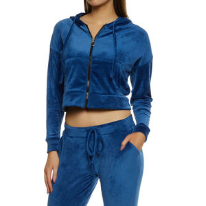 Ensemble de jogging en velours personnalisé sexy pour femmes, vêtements de sport à capuche décontractés avec tissu à tricoter et fermeture éclair sur le devant, ensemble de 2 pièces - Product Image 4