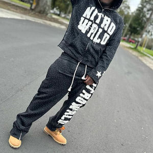 Rhinestone ácido lavado Zip Up Sudadera con capucha y Joggers Distressed Black Zip Up Conjunto completo Sudadera con capucha y Joggers Conjunto de pantalones de chándal - Product Image 2