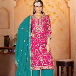 Nouveau Top de fantaisie Fuax Georgette lourd de créateur avec ensemble de costume Plazzo Style moderne Salwar Kameez - Product Image 1