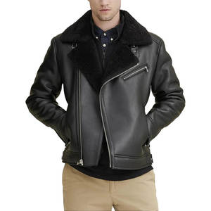 Veste bomber en cuir et fourrure de mouton écologique coupe-vent professionnelle grande taille slim fit pour hommes - Product Image 1