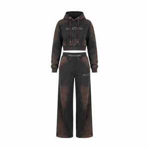 Custom <b>Women</b> Acid Wash Dark Brown Cropped Hoodie Wide Leg <b>Jogger</b> Set Cotton <b>Fleece</b> Streetwear Tracksuit OEM Wholesale - Product Image 4